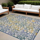 10' X 13' Ivory And Blue Damask Non Skid Indoor Outdoor Area Rug - Homeroots
