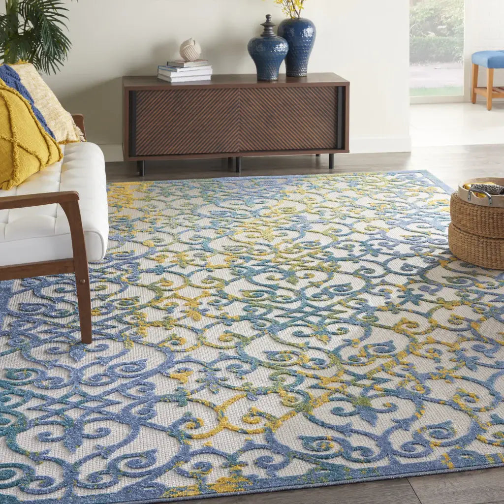 10' X 13' Ivory And Blue Damask Non Skid Indoor Outdoor Area Rug - Homeroots - Flyclothing LLC