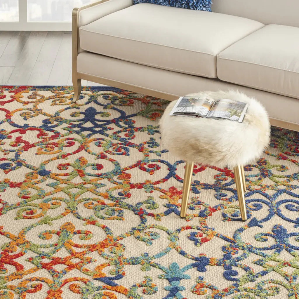 10' X 13' Ivory Blue And Green Damask Non Skid Indoor Outdoor Area Rug - Homeroots - Flyclothing LLC