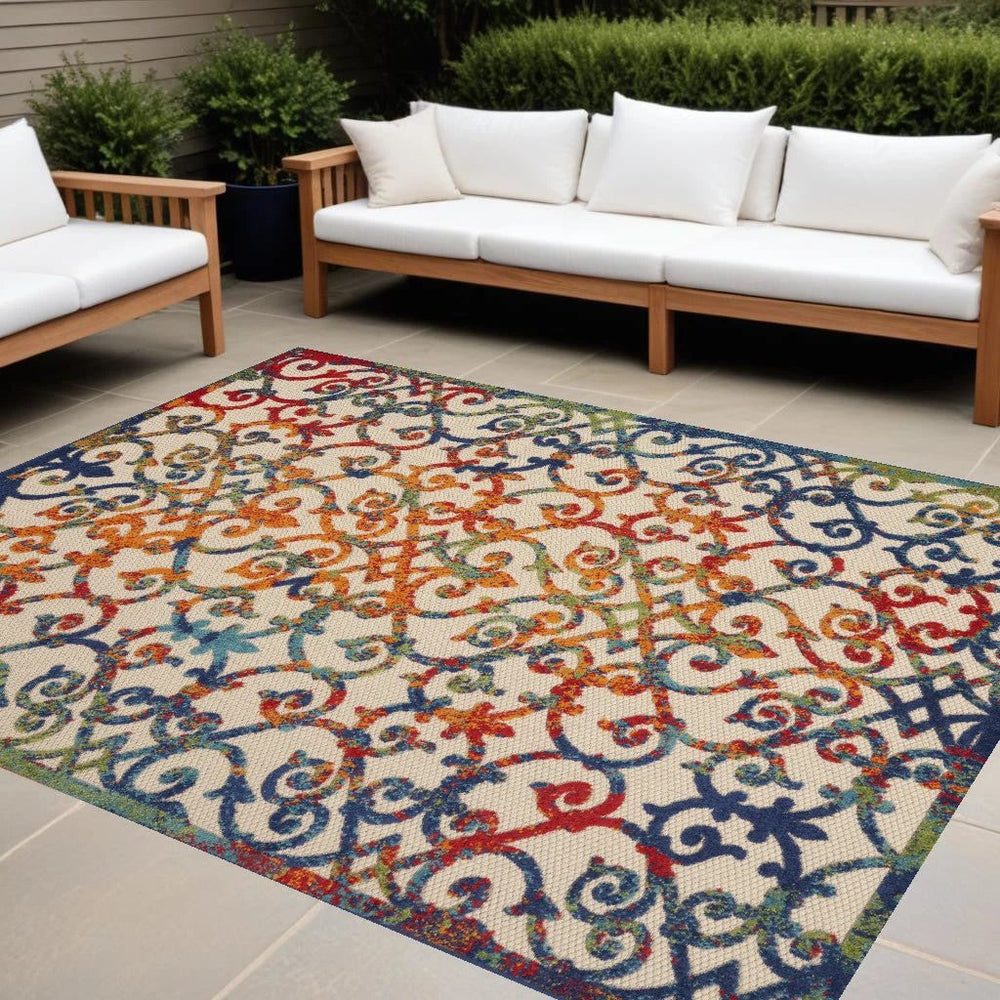 10' X 13' Ivory Blue And Green Damask Non Skid Indoor Outdoor Area Rug - Homeroots