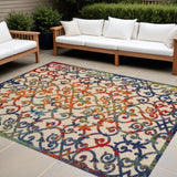 10' X 13' Ivory Blue And Green Damask Non Skid Indoor Outdoor Area Rug - Homeroots
