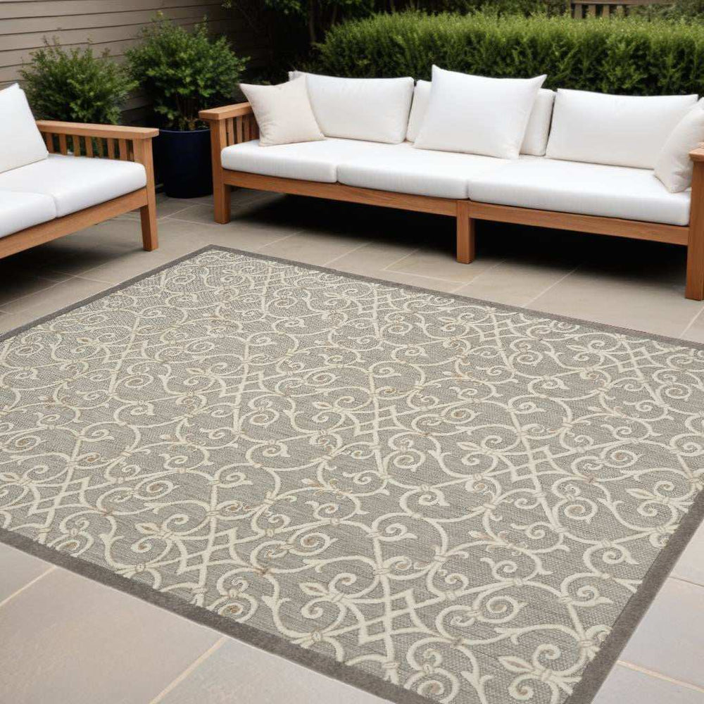 10' X 13' Natural Damask Non Skid Indoor Outdoor Area Rug - Homeroots - Flyclothing LLC