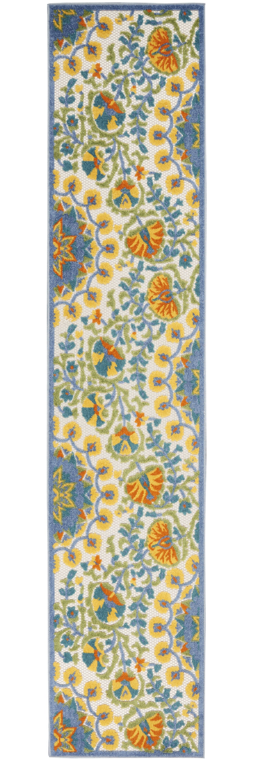 2' X 10' Yellow And Teal Toile Non Skid Indoor Outdoor Runner Rug - Homeroots