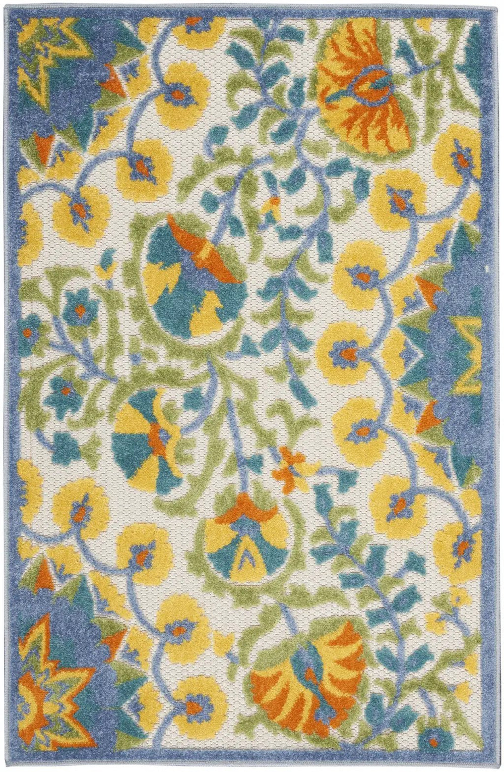 3' X 4' Yellow And Teal Toile Non Skid Indoor Outdoor Area Rug - Homeroots