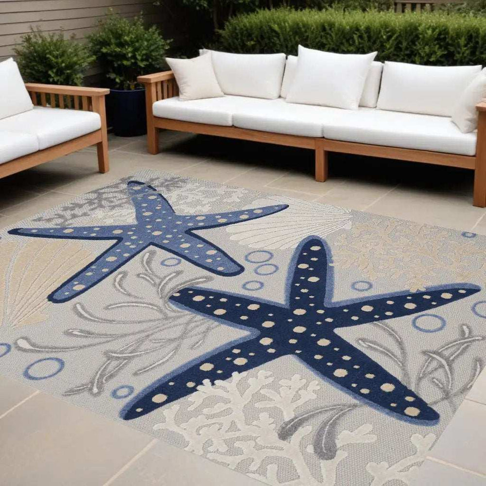 10' X 13' Blue and Gray Starfish Indoor Outdoor Area Rug - Homeroots - Flyclothing LLC