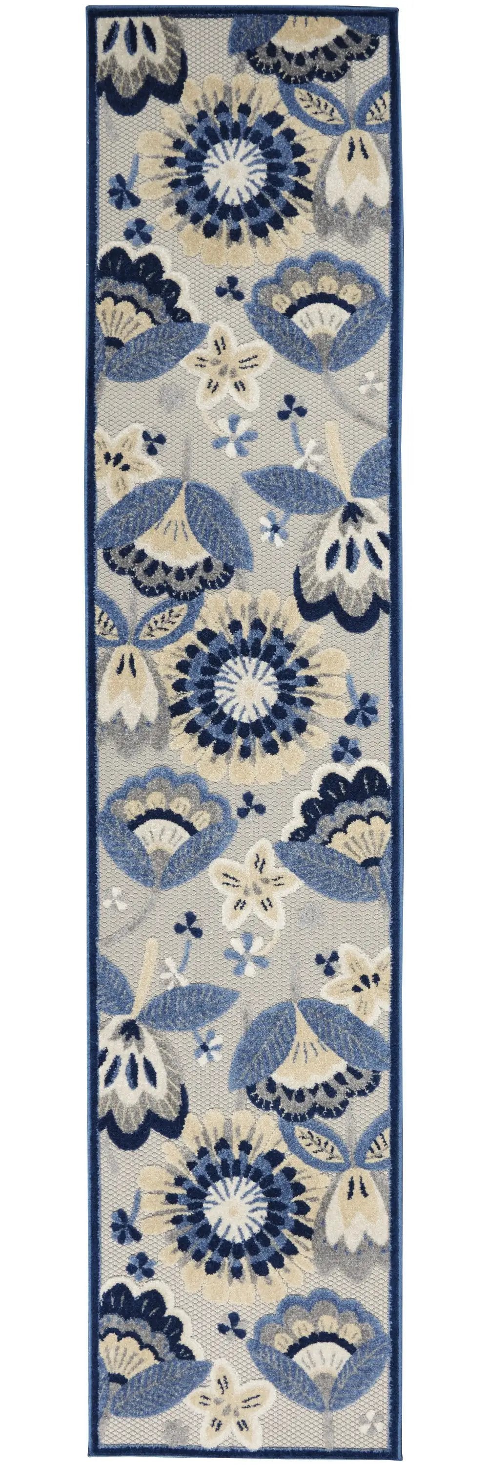 2' X 10' Blue And Grey Floral Non Skid Indoor Outdoor Runner Rug - Homeroots