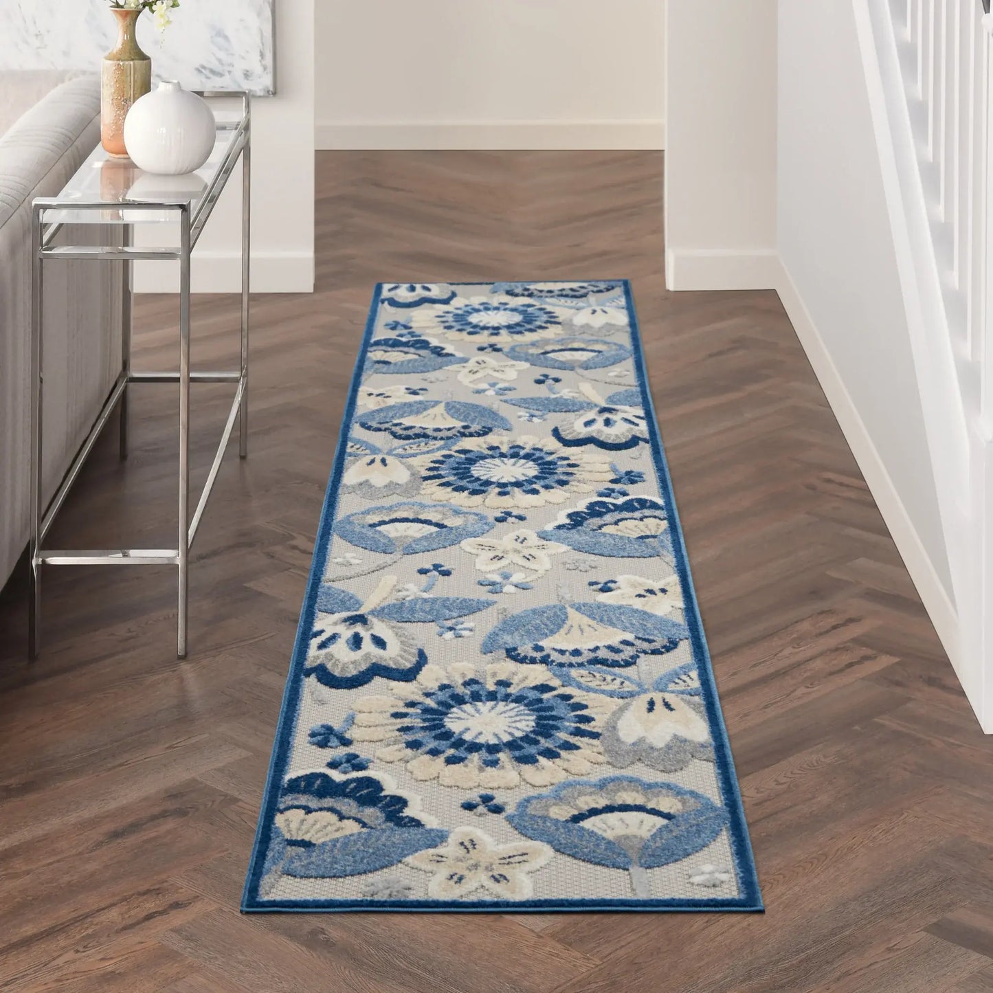 2' X 12' Blue And Grey Floral Non Skid Indoor Outdoor Runner Rug - Homeroots - Flyclothing LLC