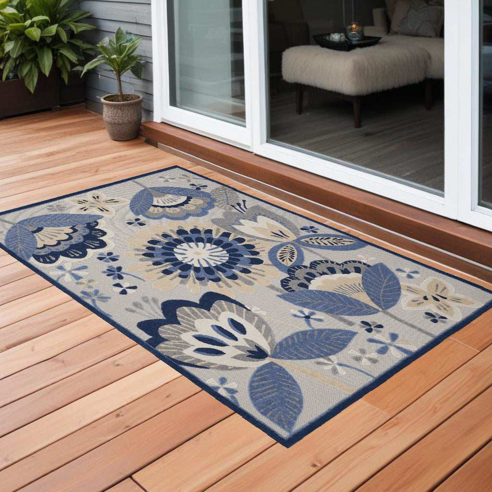 3' X 4' Blue And Grey Floral Non Skid Indoor Outdoor Area Rug - Homeroots - Flyclothing LLC
