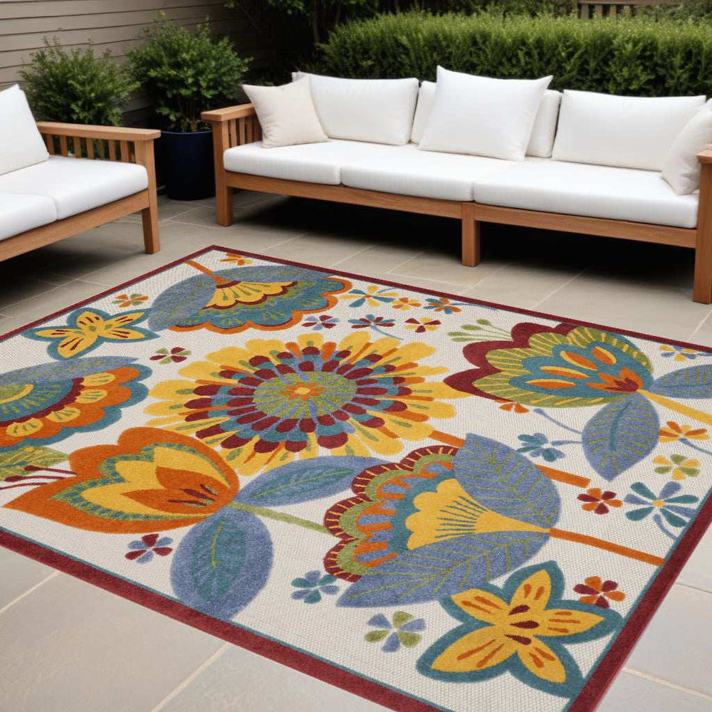 12' X 15' White Yellow And Blue Floral Non Skid Indoor Outdoor Area Rug - Homeroots - Flyclothing LLC