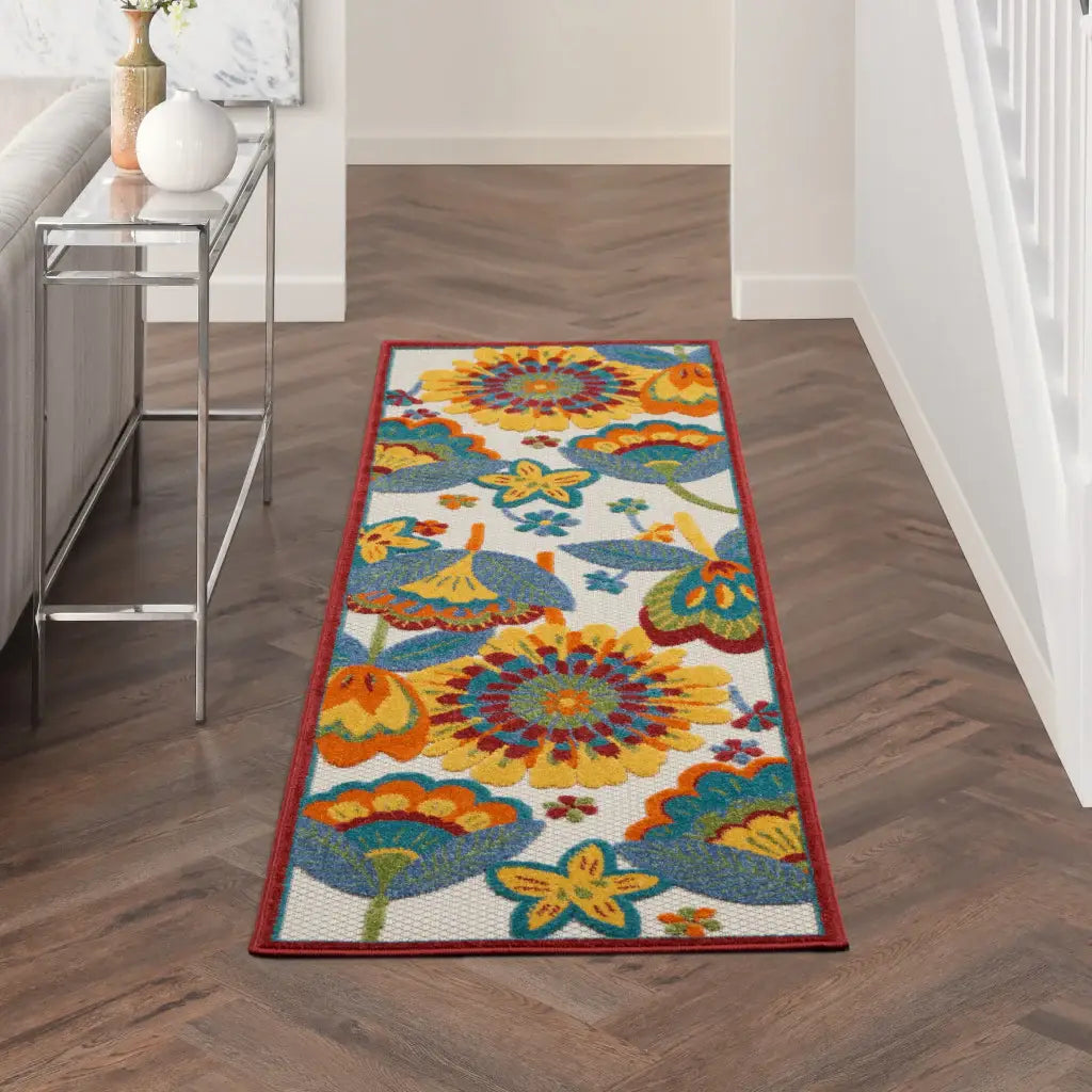 2' X 6' Yellow And Teal Floral Non Skid Indoor Outdoor Runner Rug - Homeroots - Flyclothing LLC