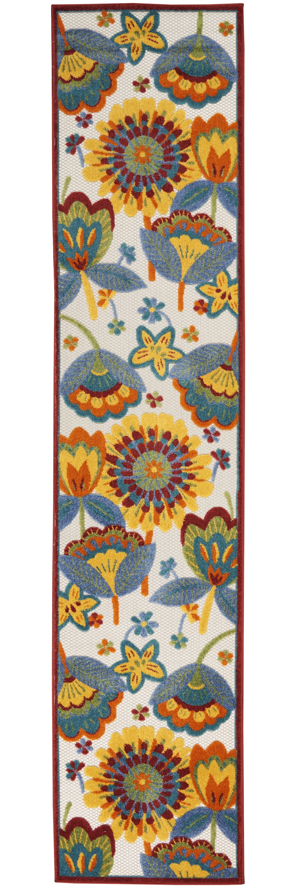 2' X 10' White Yellow And Blue Floral Non Skid Indoor Outdoor Runner Rug - Homeroots