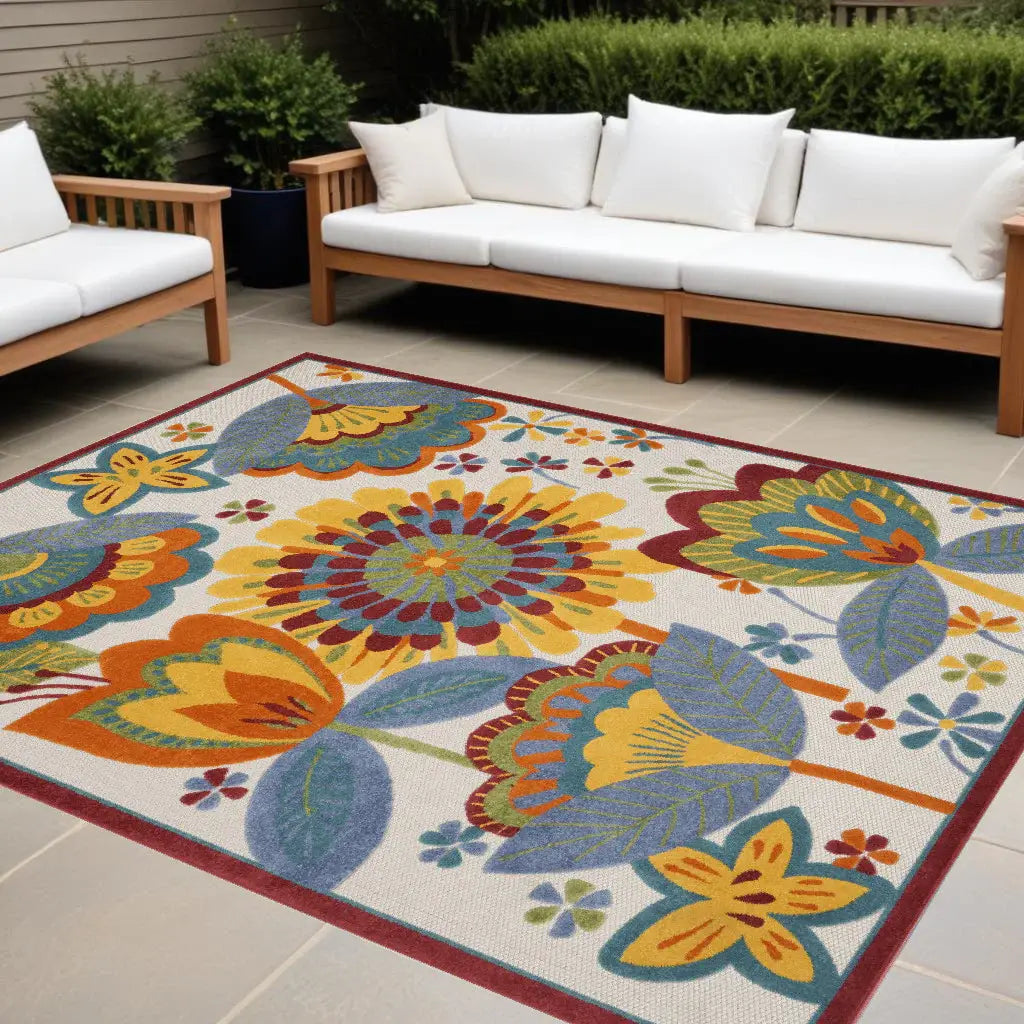 10' X 13' White Yellow And Blue Floral Non Skid Indoor Outdoor Area Rug - Homeroots - Flyclothing LLC