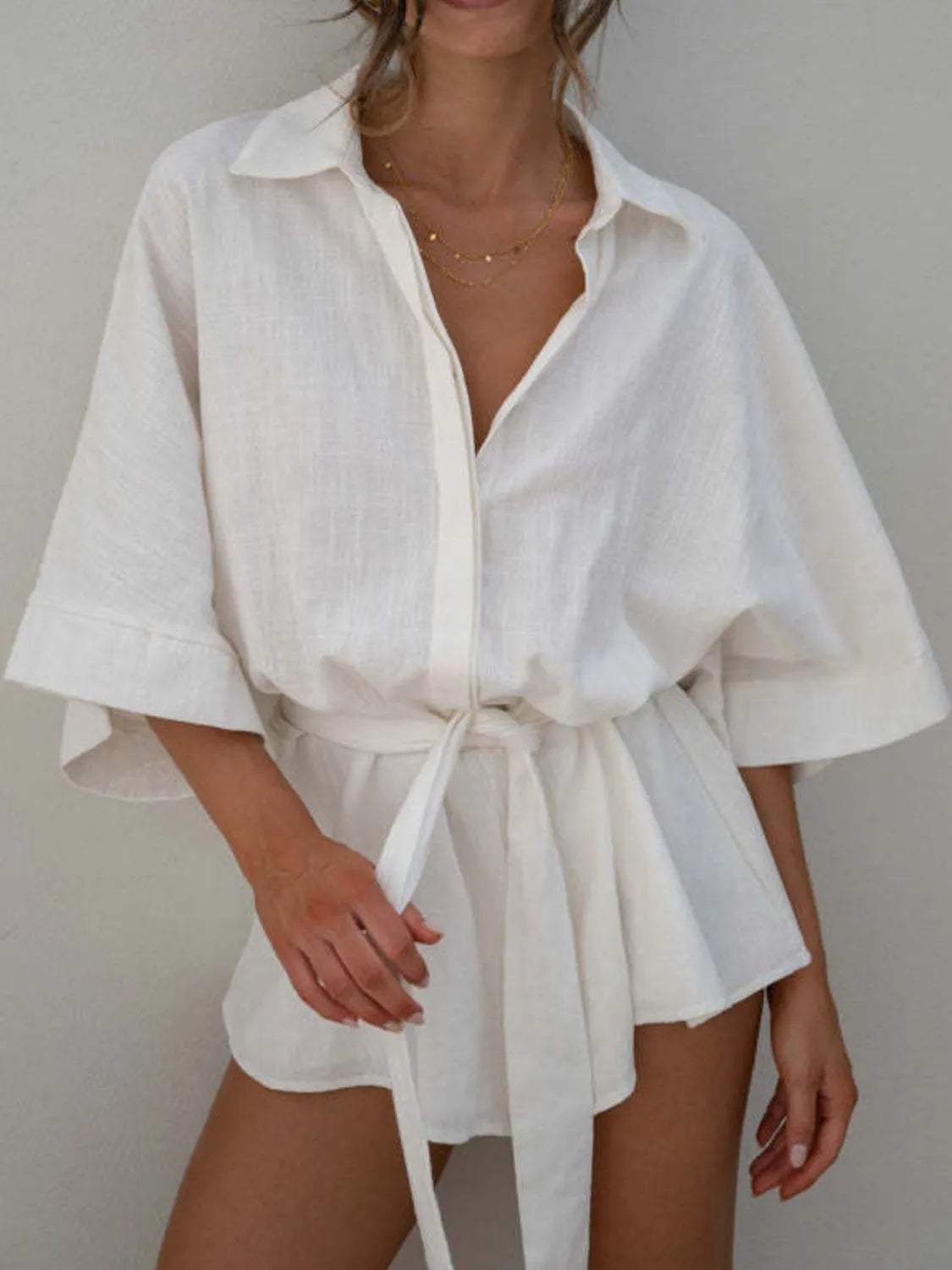 Collared Neck Half Sleeve Romper - Trendsi - Flyclothing LLC