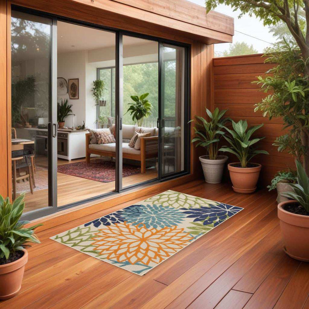 3' X 5' Cream And Blue Floral Non Skid Indoor Outdoor Area Rug - Homeroots - Flyclothing LLC