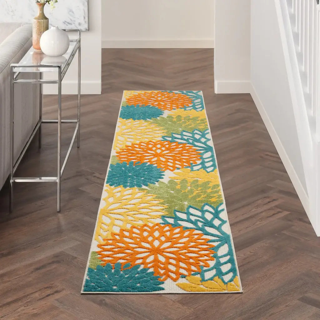 2' X 10' Turquoise Floral Non Skid Indoor Outdoor Runner Rug - Homeroots - Flyclothing LLC