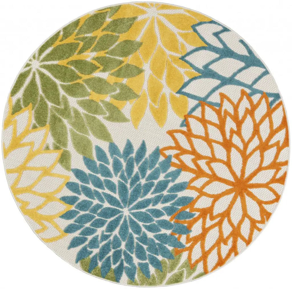 4' X 4' Turquoise Round Floral Non Skid Indoor Outdoor Area Rug - Homeroots