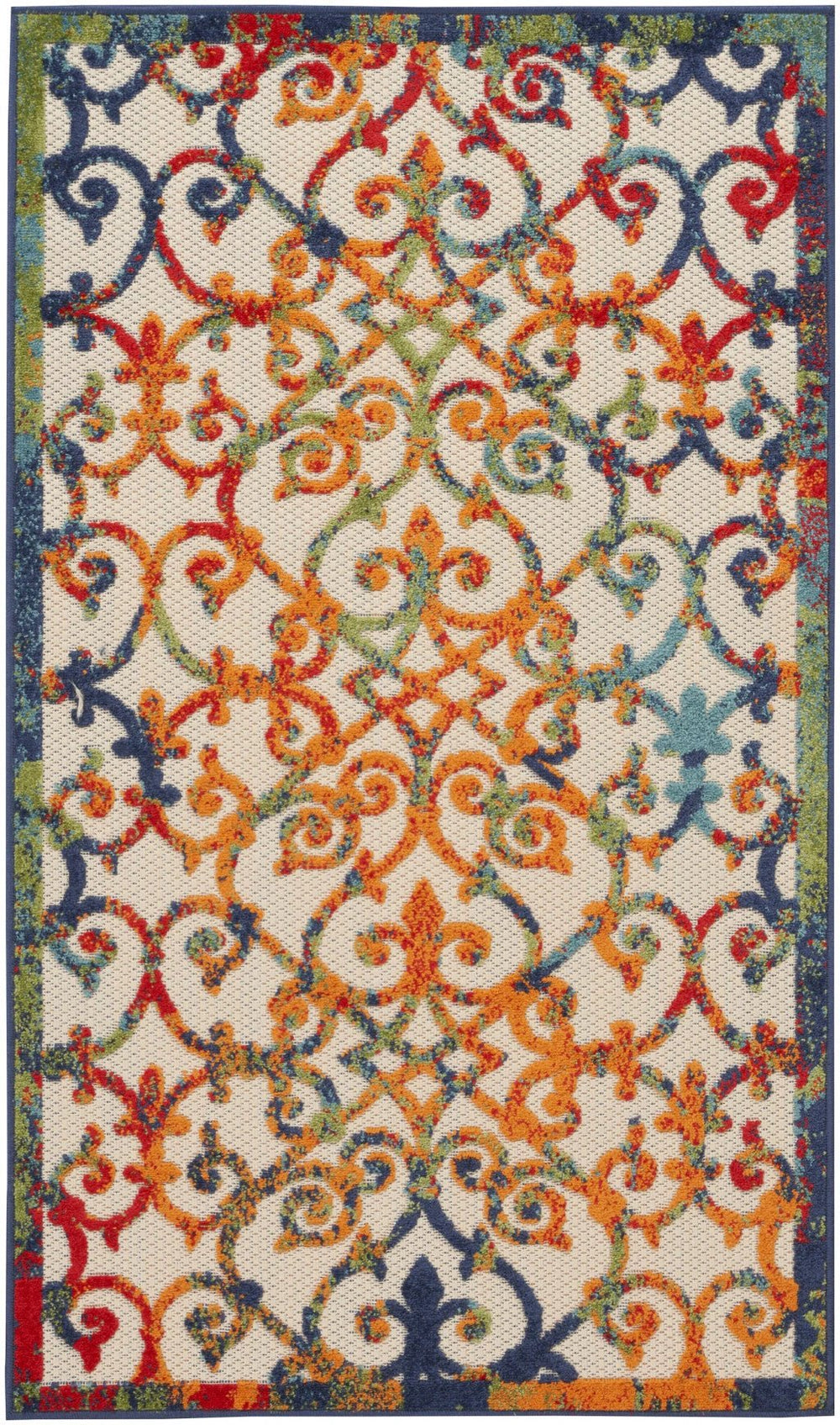 3' X 5' Orange Blue And Green Damask Non Skid Indoor Outdoor Area Rug - Homeroots