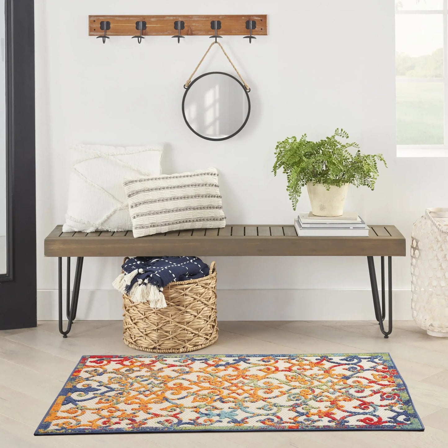 3' X 5' Orange Blue And Green Damask Non Skid Indoor Outdoor Area Rug - Homeroots - Flyclothing LLC