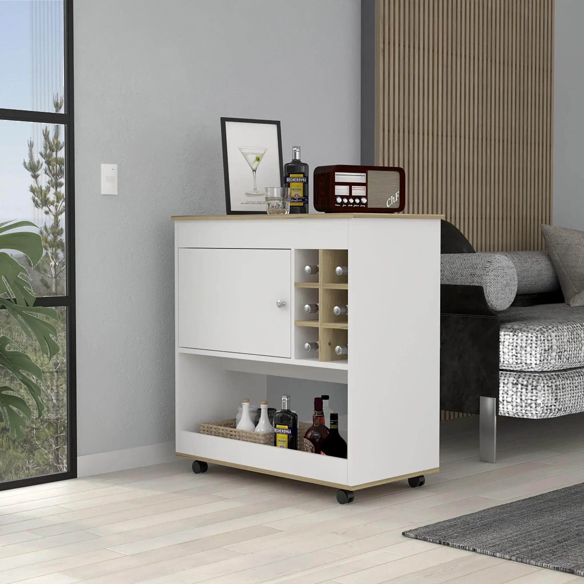 Brown and White Rolling Bar Cart With Wine Storage - Homeroots - Flyclothing LLC