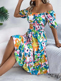 Ruffled Hem Smocked Floral Short Sleeve Midi Dress - Trendsi - Flyclothing LLC