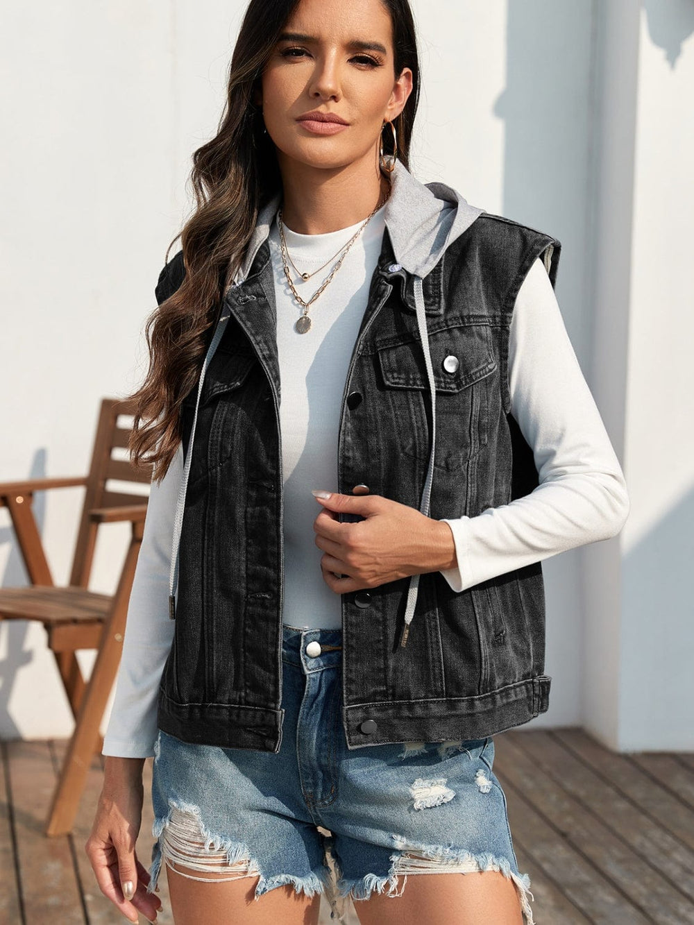 Pocketed Button Up Hooded Denim Jacket - Trendsi