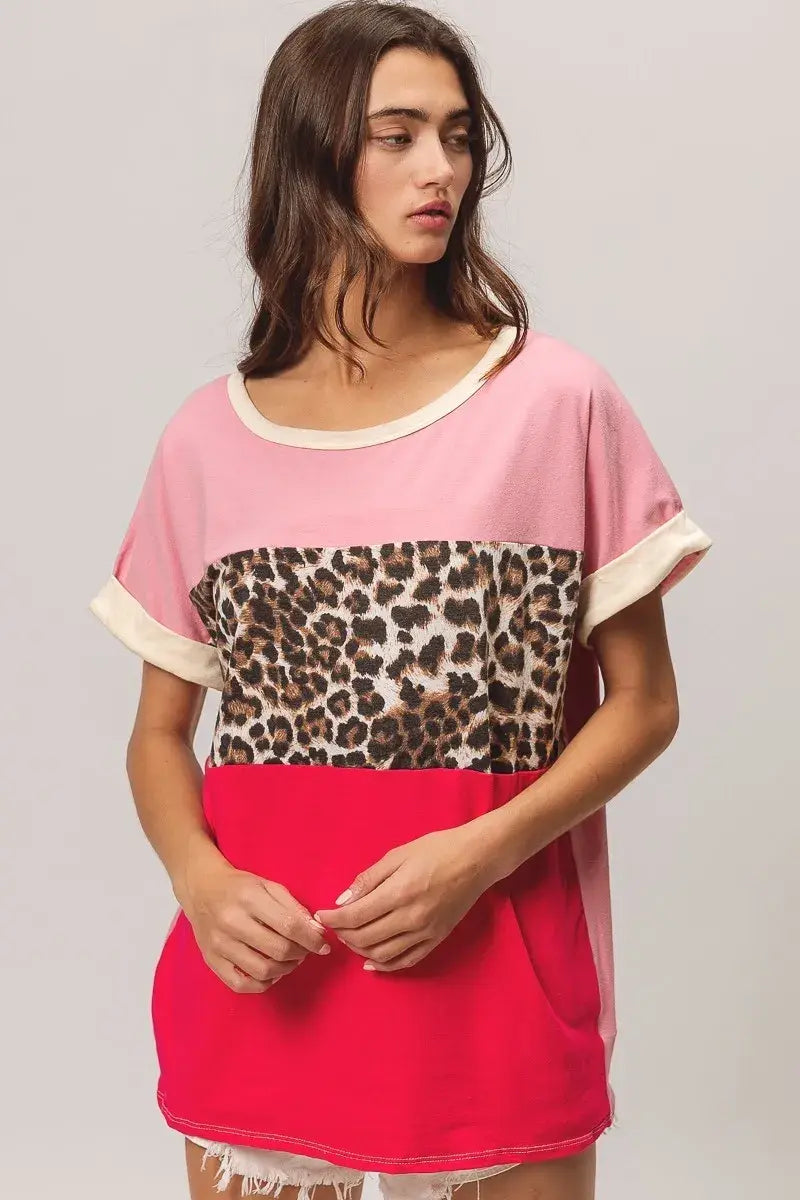 BiBi Leopard Printed Jersey Color Block Roll Up - Trendsi - Flyclothing LLC