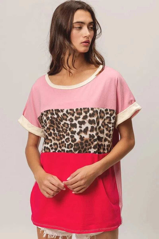 BiBi Leopard Printed Jersey Color Block Roll Up - Trendsi - Flyclothing LLC