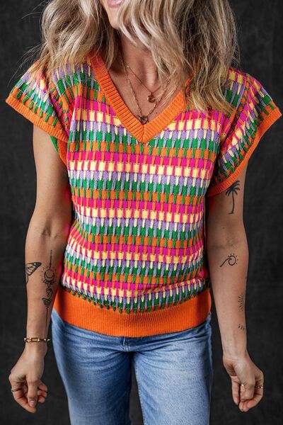 Contrast Striped V-Neck Knit Top - Trendsi - Flyclothing LLC