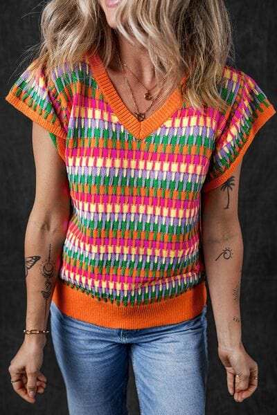 Contrast Striped V-Neck Knit Top - Trendsi - Flyclothing LLC