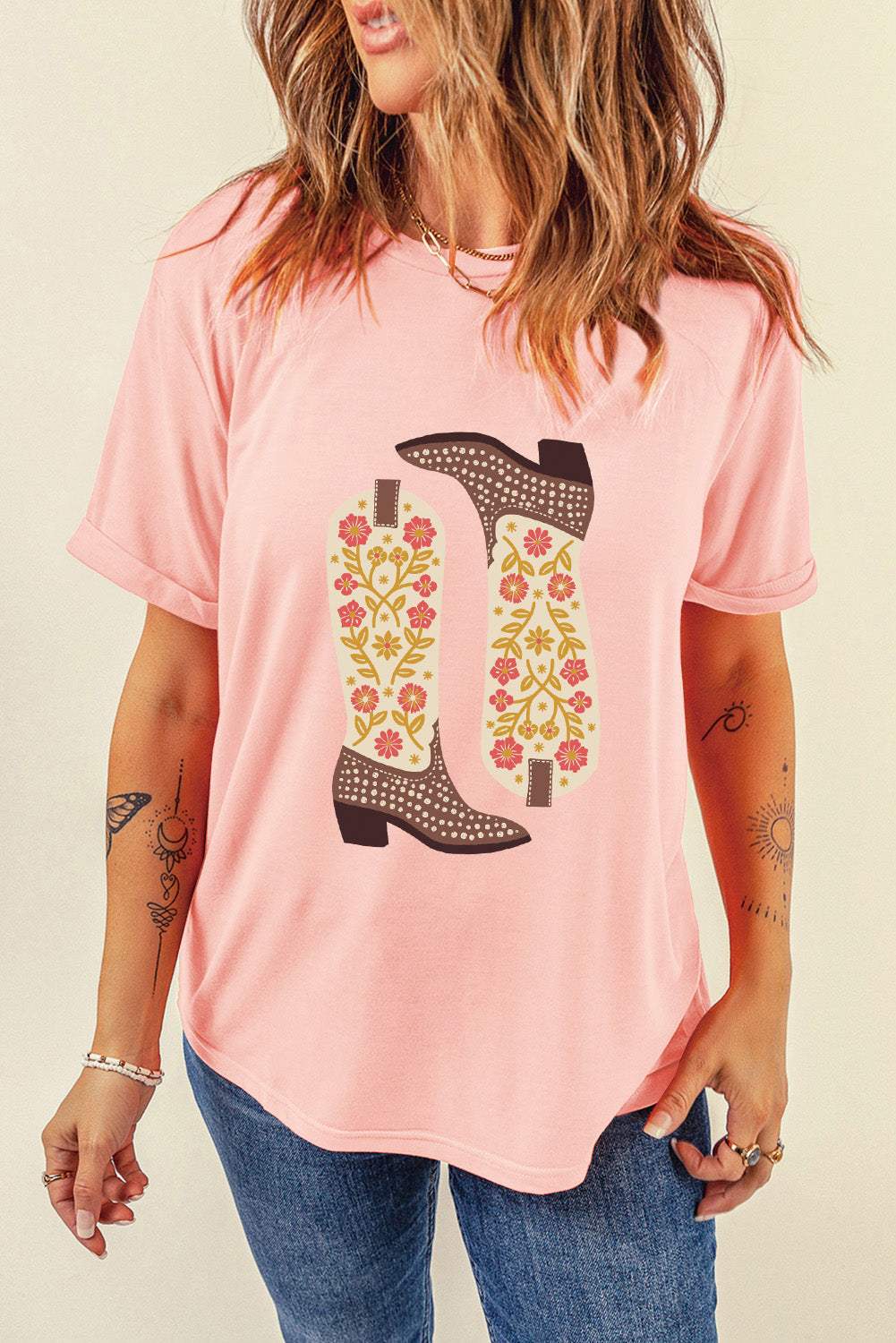 Boot Graphic Round Neck Short Sleeve T-Shirt - Trendsi - Flyclothing LLC