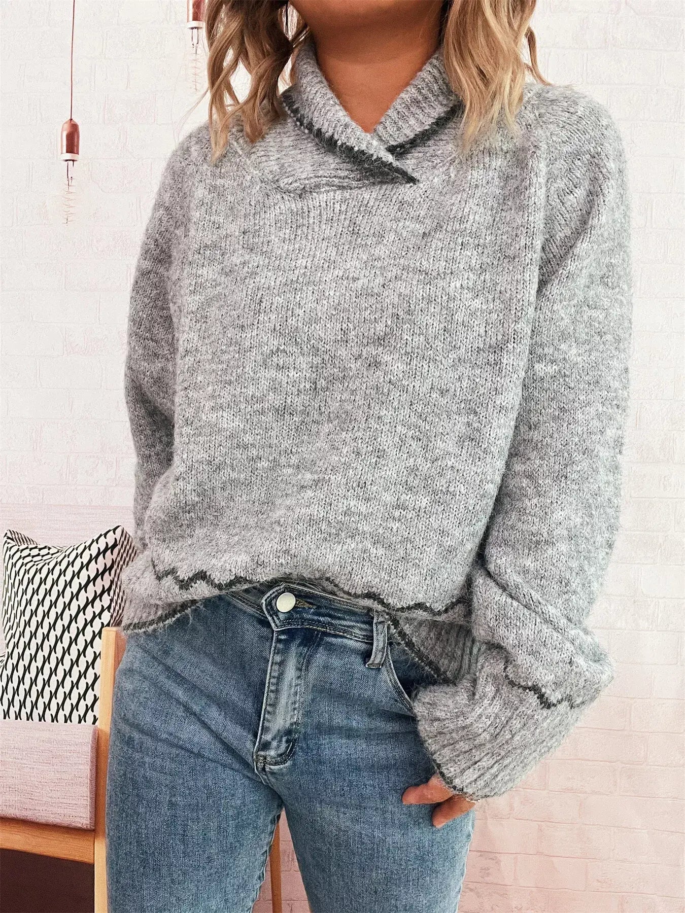 Ribbed Contrast Trim Long Sleeve Sweater - Trendsi - Flyclothing LLC