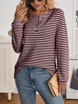 Striped Button Detail Long Sleeve Top - Trendsi - Flyclothing LLC