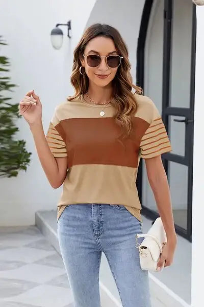 Color Block Round Neck Short Sleeve T-Shirt - Trendsi - Flyclothing LLC