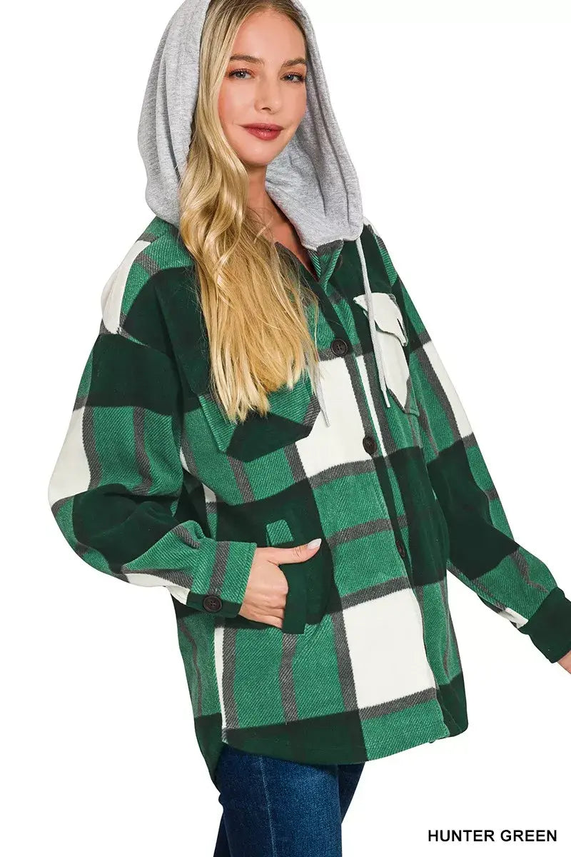Zenana Plaid Drawstring Hooded Fleece Shacket - Trendsi - Flyclothing LLC