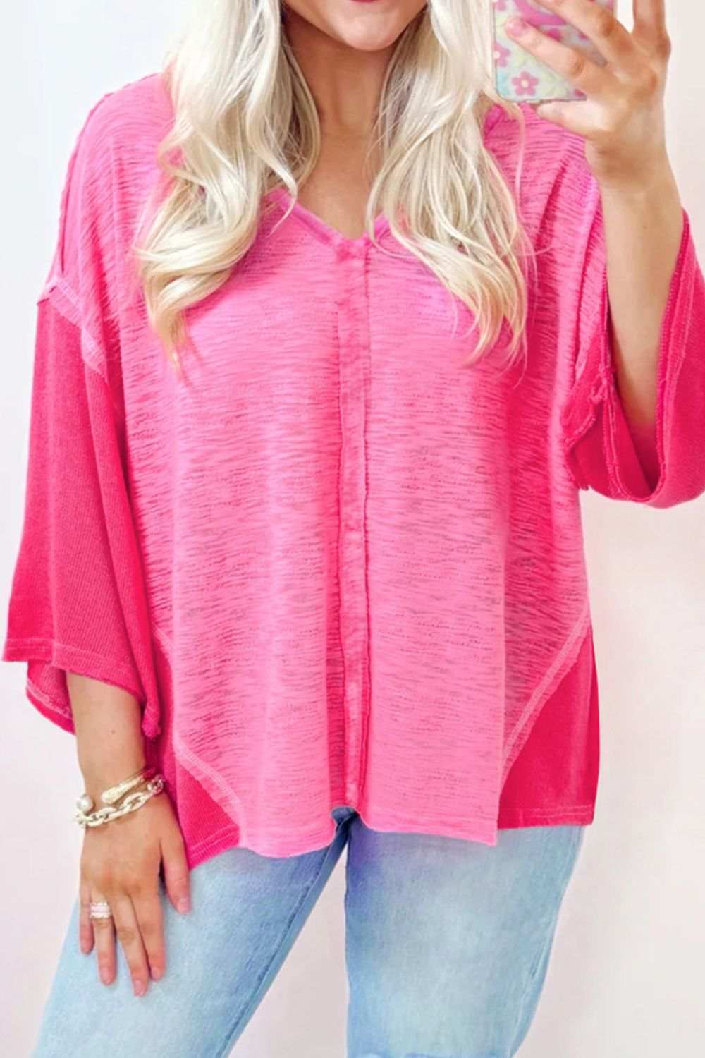 Exposed Seam V-Neck Three-Quarter Sleeve Blouse - Trendsi - Flyclothing LLC