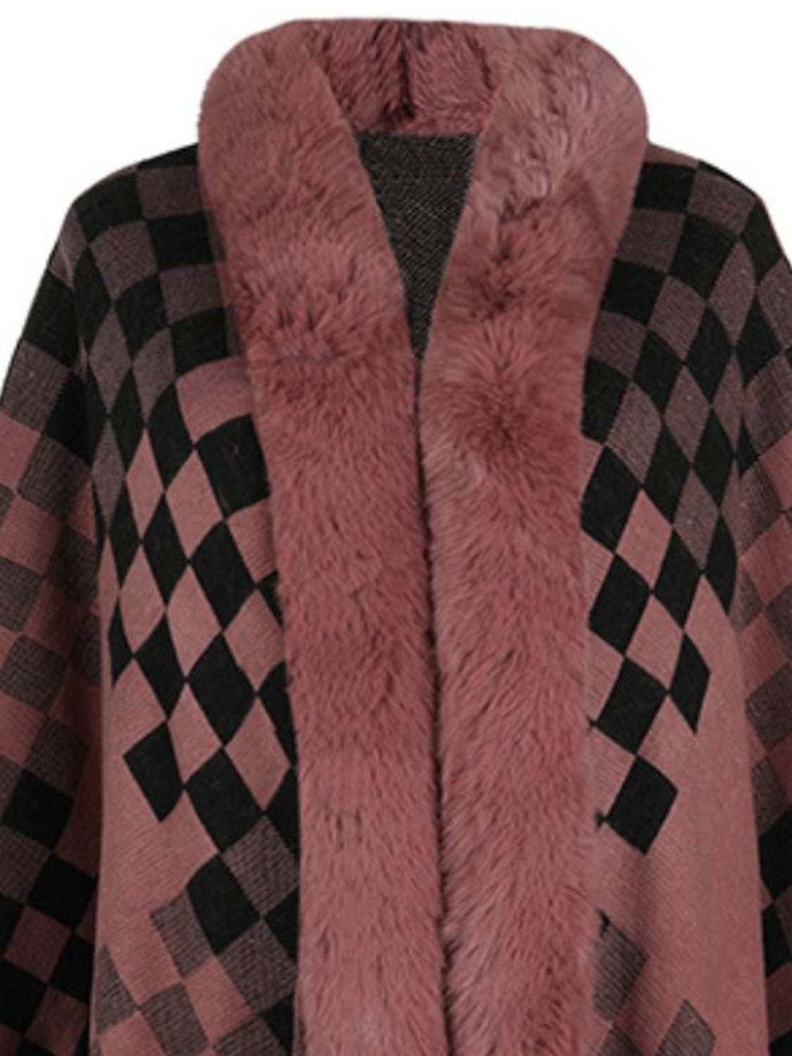 Fuzzy Checkered Long Sleeve Poncho - Trendsi