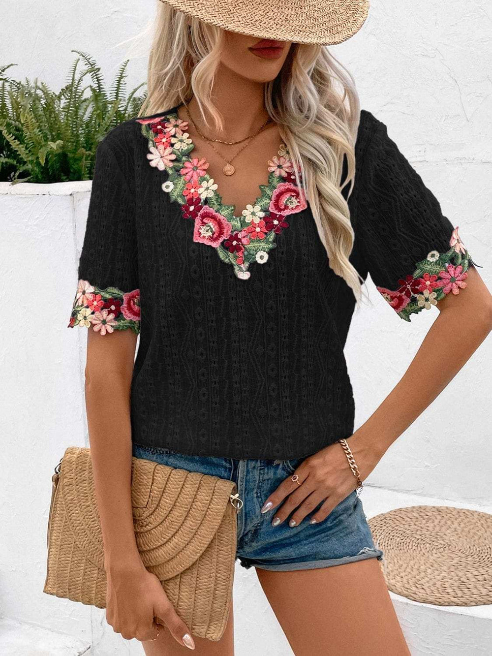 Eyelet Embroidered V-Neck Short Sleeve Blouse - Trendsi - Flyclothing LLC