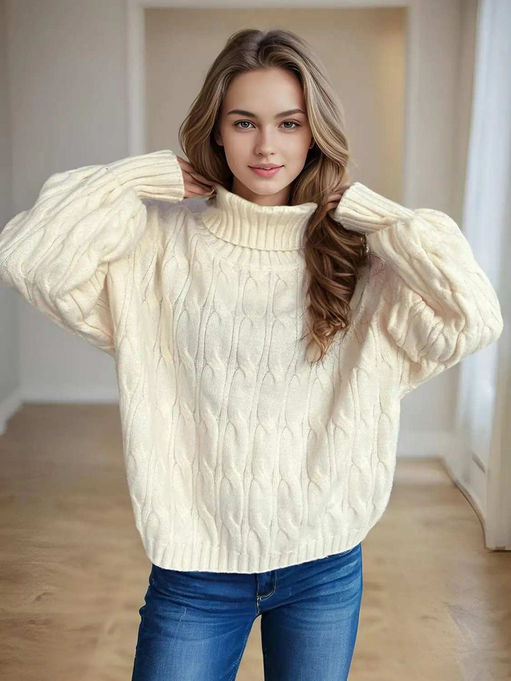 Cable-Knit Turtleneck Long Sleeve Sweater - Trendsi - Flyclothing LLC