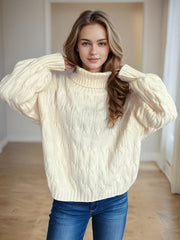 Cable-Knit Turtleneck Long Sleeve Sweater - Trendsi