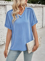 Cord Ribbed V-Neck Short Sleeve T-Shirt - Trendsi - Flyclothing LLC
