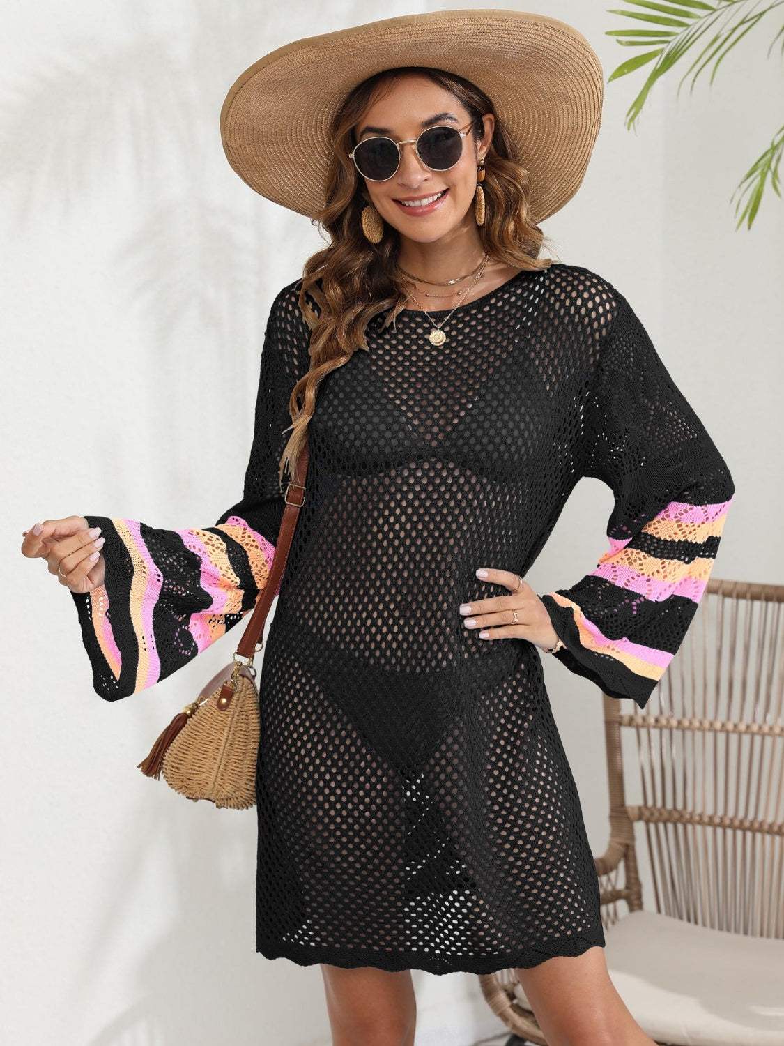 Openwork Contrast Long Sleeve Cover-Up - Trendsi - Flyclothing LLC