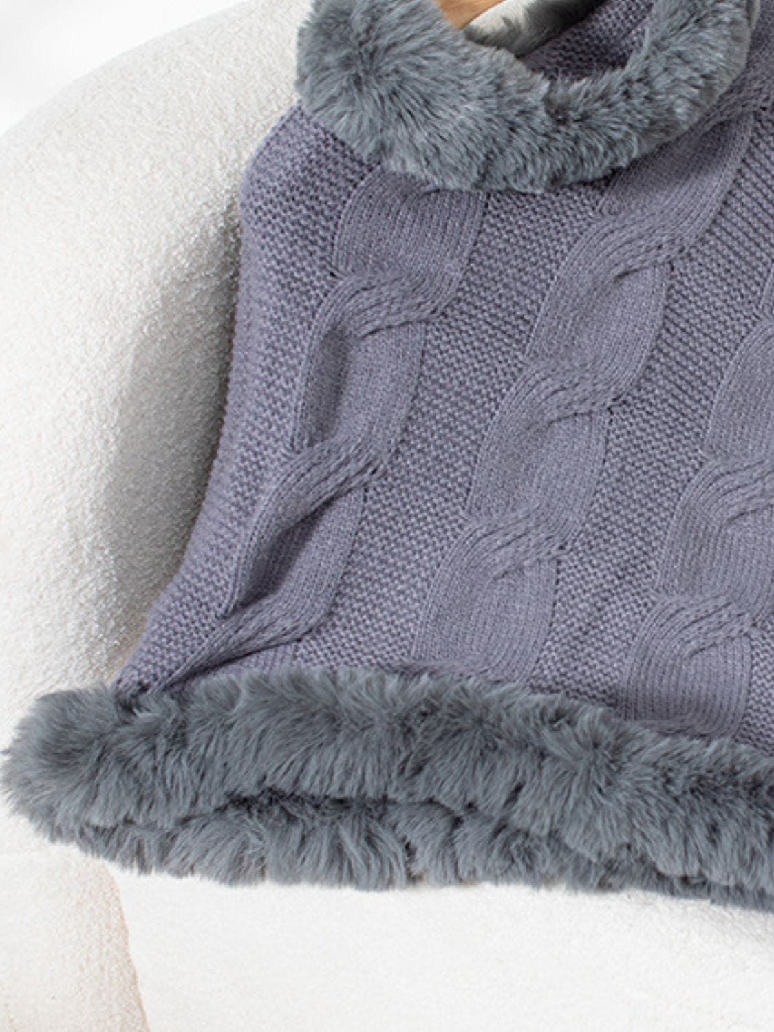 Fuzzy Hem Cable-Knit Poncho - Trendsi