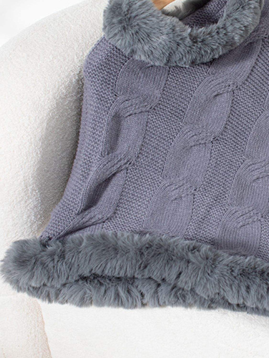 Fuzzy Hem Cable-Knit Poncho - Trendsi - Flyclothing LLC
