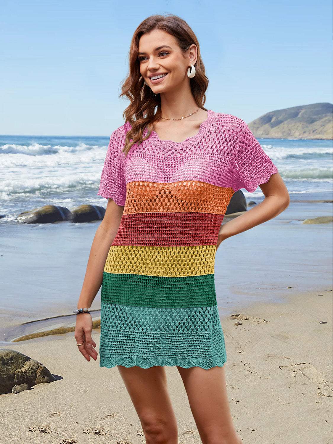 Openwork Round Neck Short Sleeve Cover-UP - Trendsi - Flyclothing LLC