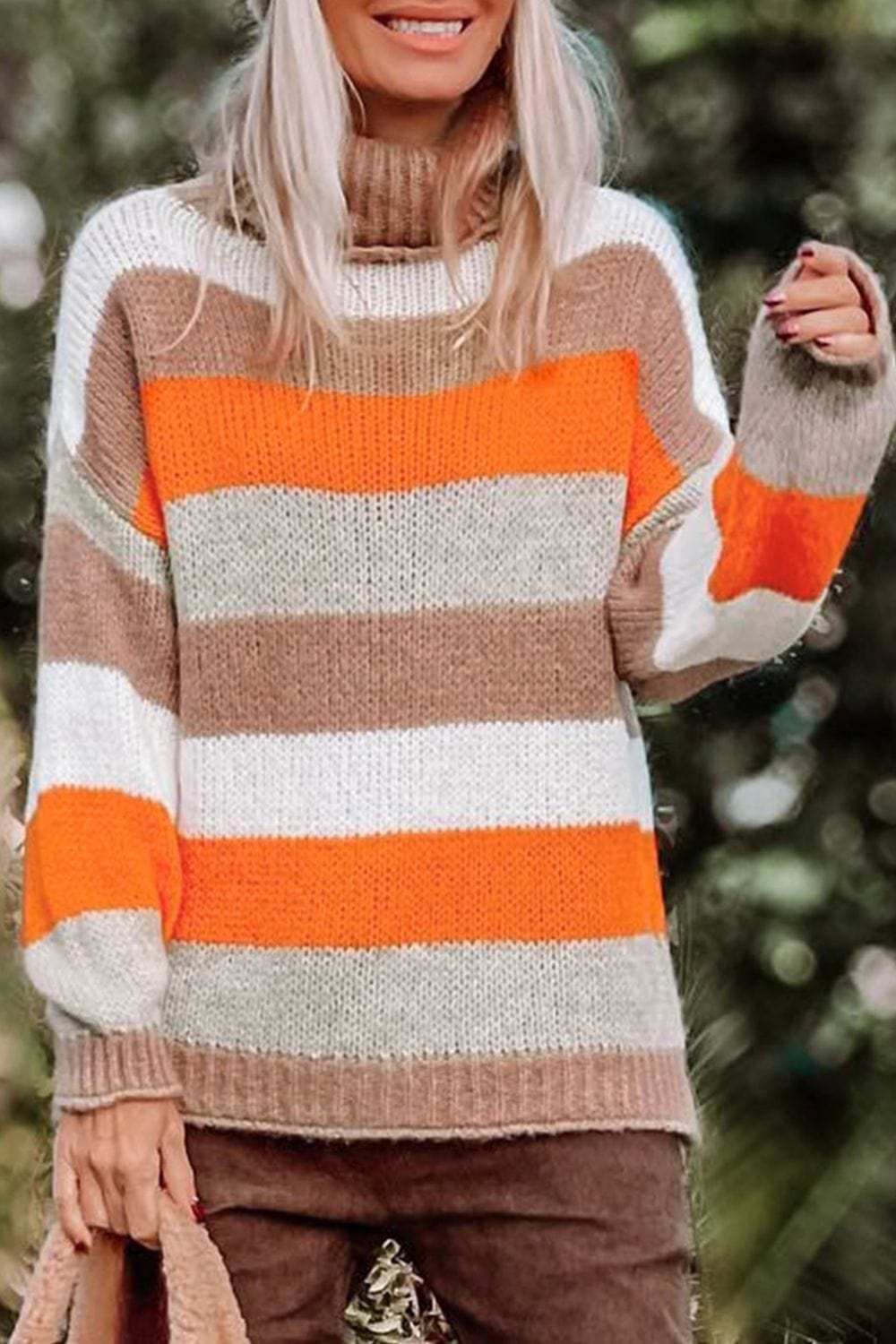 Color Block Drop Shoulder Turtleneck Sweater - Trendsi - Flyclothing LLC