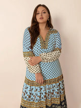 Plus Size Printed V-Neck Balloon Sleeve Maxi Dress - Trendsi - Flyclothing LLC