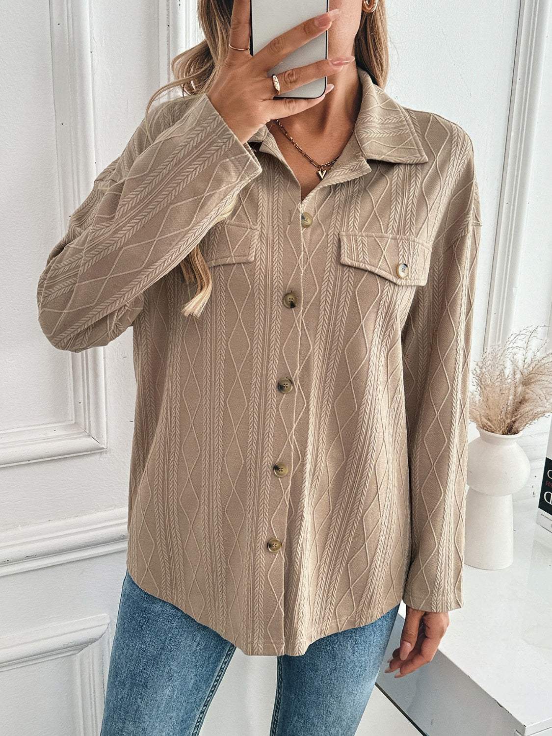 Textured Collared Neck Button Down Shacket - Trendsi - Flyclothing LLC