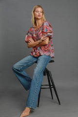 Umgee Full Size Abstract Print Smocked Square Neck Puff Sleeve Blouse - Trendsi - Flyclothing LLC