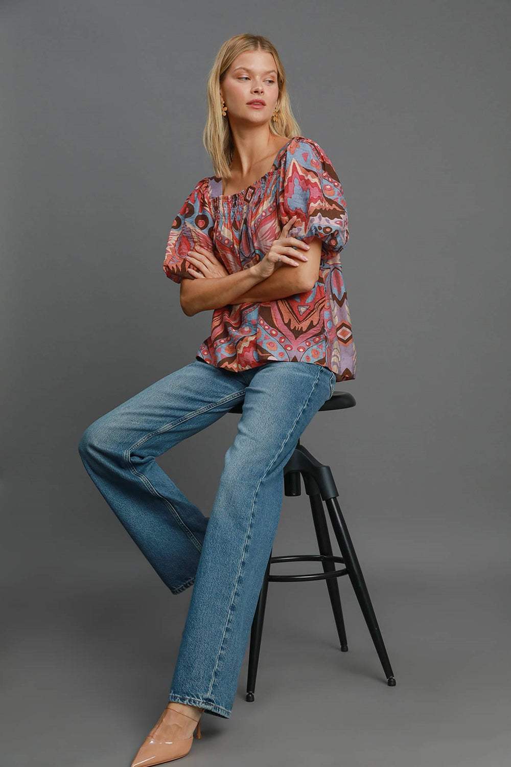 Umgee Full Size Abstract Print Smocked Square Neck Puff Sleeve Blouse - Trendsi - Flyclothing LLC