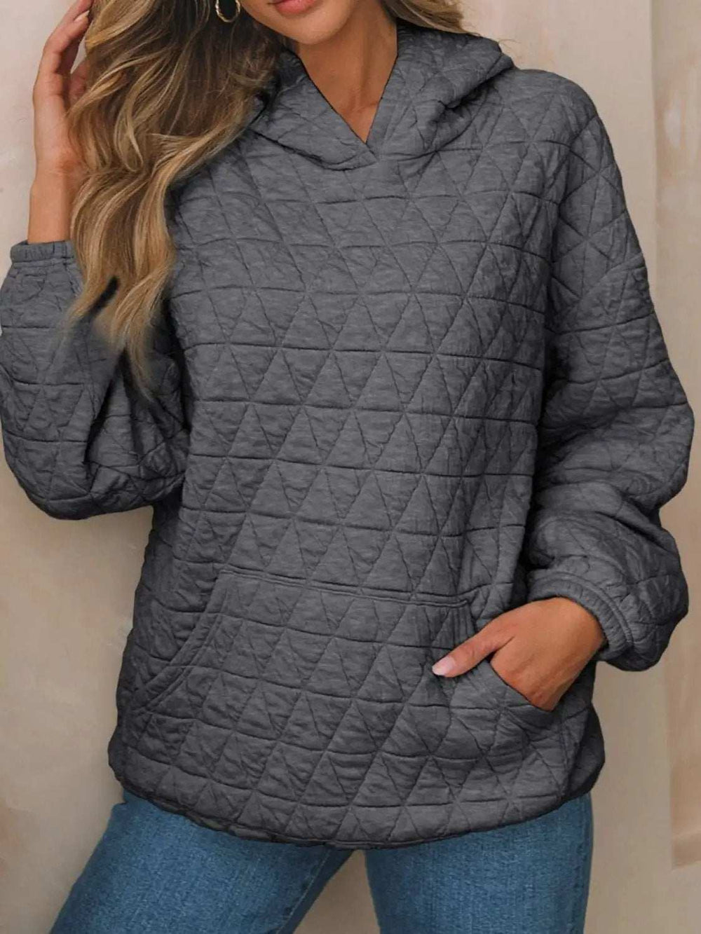 Textured Long Sleeve Hoodie with Pockets - Trendsi - Flyclothing LLC